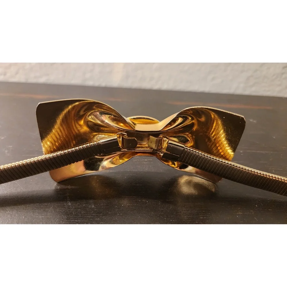 Vintage Gold Tone Snake‎ Chain Stretch Belt Black Cabochon Bow Buckle Womens